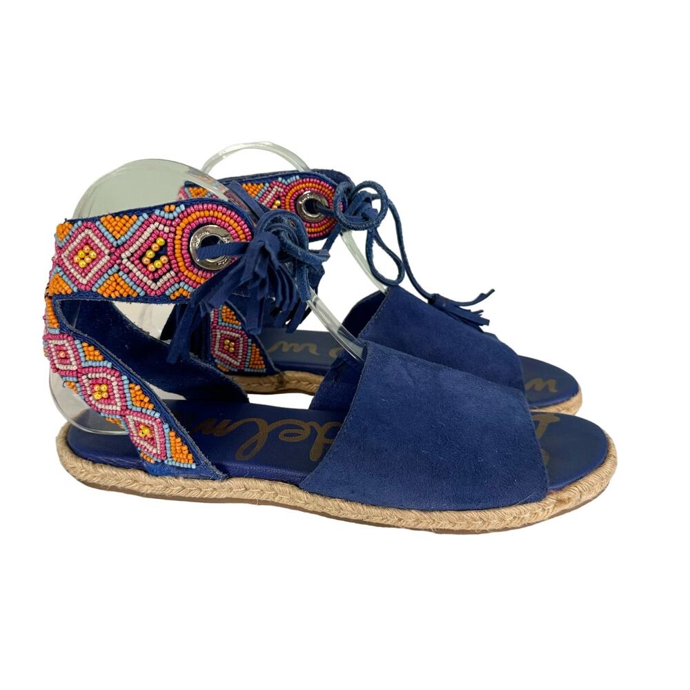 Sam Edelman Sandal 7.5 Tribal Beaded Ankle Tie Tassel Suede Flat Espadrille Blue